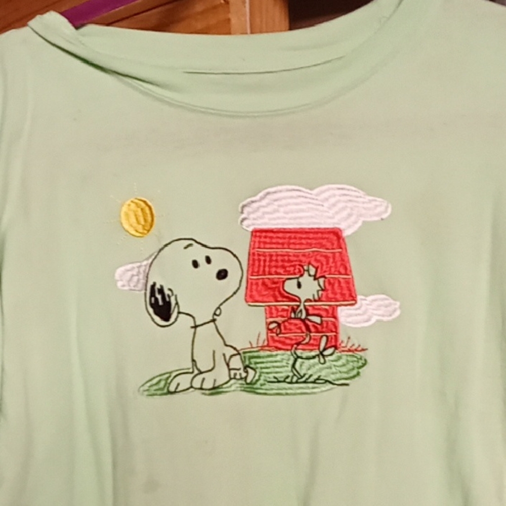 Peanuts Green Top with Snoopy and Woodstock Embroidery